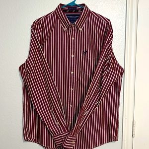Men’s American Eagle Button Down Maroon and White Striped